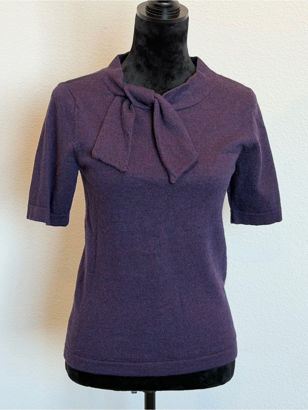Vintage Merona 100% Wool Tie Neck Short Sleeve Sweater Purple Large L